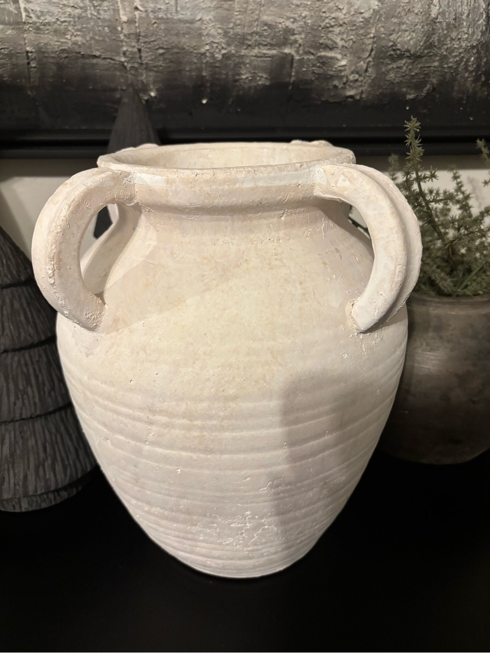 Neutral White Vintage Style Four Handle Ribbed Decorative Vase-Large